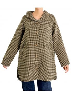 Cappotto fantasia con cappuccio e bottoni